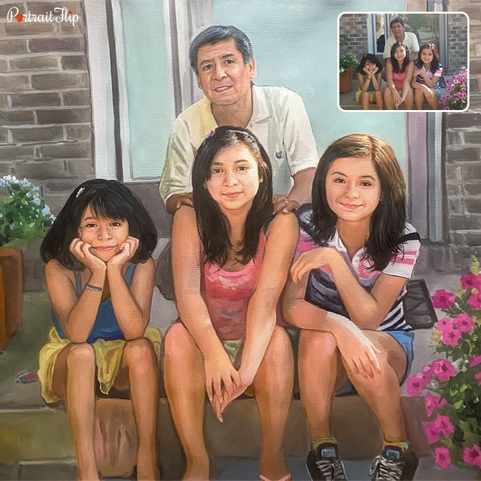 A vintage portrait of a old man sitting behind three girls